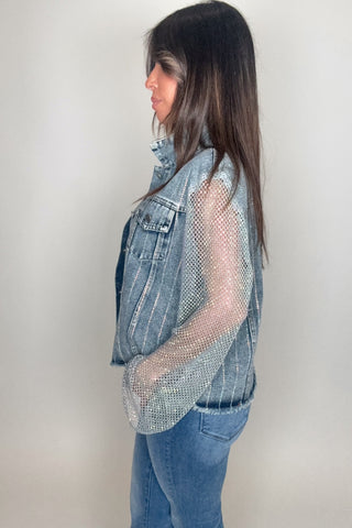 Denim Crystal Mesh Sleeve Jacket - Born To Glam