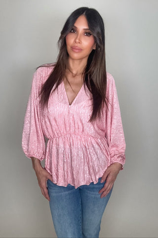 Pink V Neck Crinkle Satin Top - Born To Glam