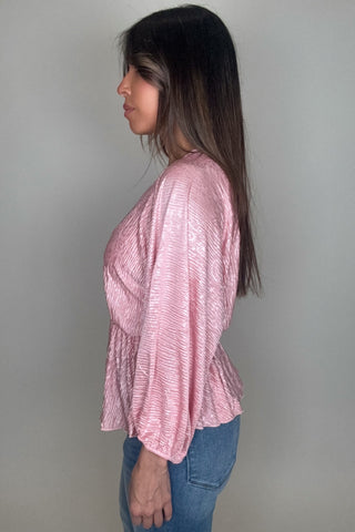 Pink V Neck Crinkle Satin Top - Born To Glam