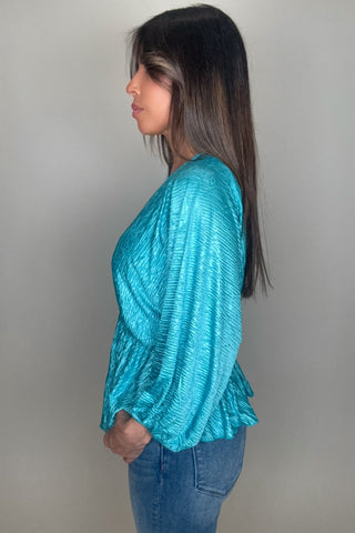 Turquoise V Neck Crinkle Satin Top - Born To Glam
