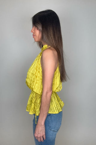 Yellow Textured Stripe Halter Peplum Top - Born To Glam