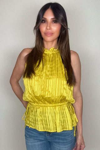 Yellow Textured Stripe Halter Peplum Top - Born To Glam
