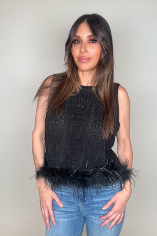 Black Knit Feather Trim Top - Born To Glam