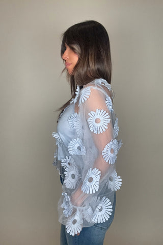 Long Sleeve Floral Applique Tulle Top - Born To Glam