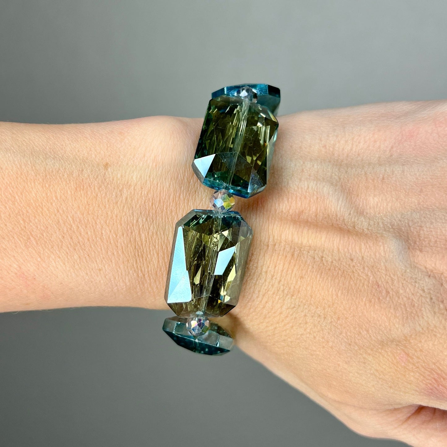 Metallic Green Colorized Rectangle Crystal Stretch Bracelet