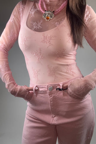 Mesh Lace High Neck Design Long Sleeve Fitted Top - Born To Glam