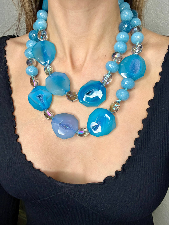 Ultra Blue Quartz Gemstone Statement Long Necklace