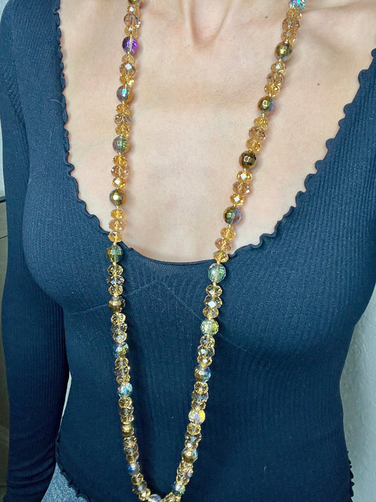 Golden Colorized Crystal Sphere Long Necklace