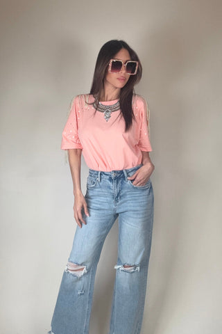 Pearl Fringe Shoulder T Shirt - Born To Glam