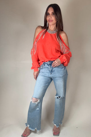 French Terry Cold Shoulder Rhinestone Sweatshirt - Born To Glam