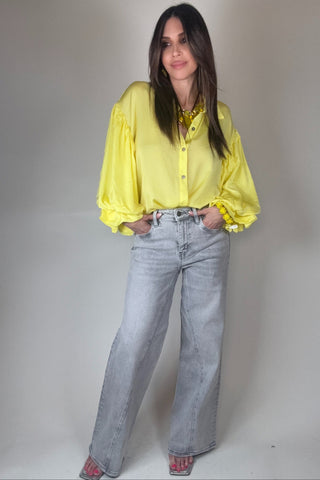 Yellow Puff Sleeve Button Down Top - Born To Glam