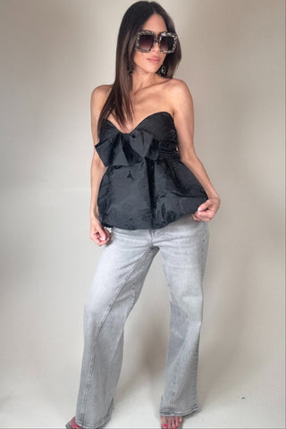 Sweetheart Bow Ruched Bubble Hem Strapless Top - Born To Glam