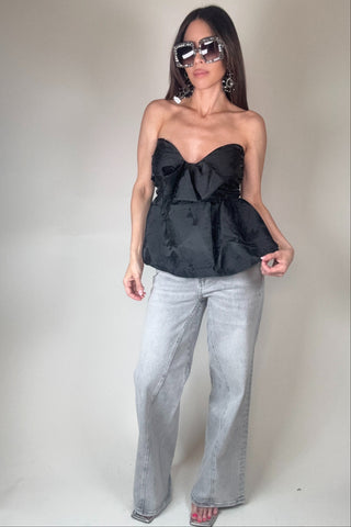 Sweetheart Bow Ruched Bubble Hem Strapless Top - Born To Glam