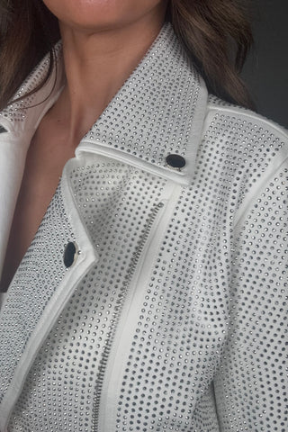 Crystal Studded Stretch Zip Up Moto Jacket - Born To Glam