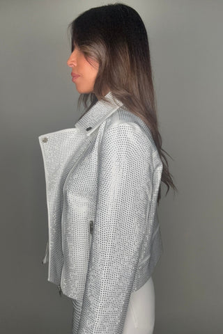 Crystal Studded Stretch Zip Up Moto Jacket - Born To Glam