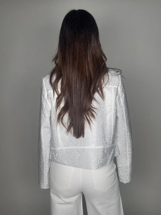 Crystal Studded Stretch Zip Up Moto Jacket - Born To Glam