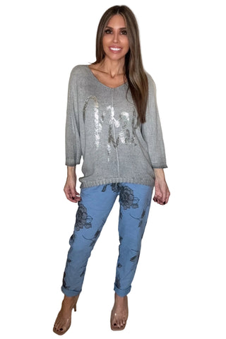 Denim Floral Metallic Jogger - Born To Glam