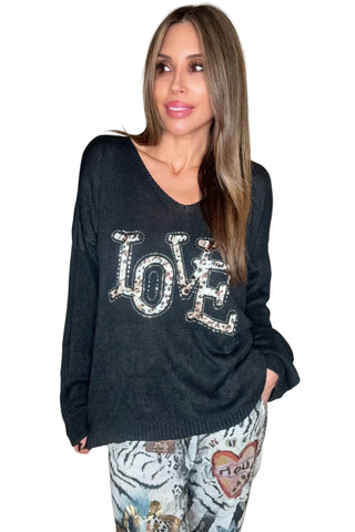 Black Leopard Love Print Sweater