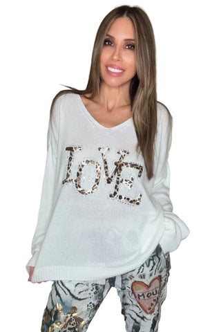 White Leopard Love Print Sweater