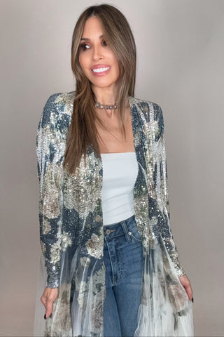 Navy Flower Sequin Duster