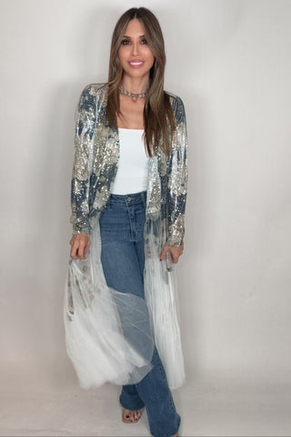 Navy Flower Sequin Duster