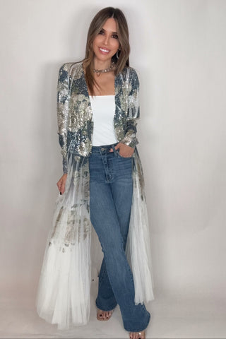 Navy Flower Sequin Duster