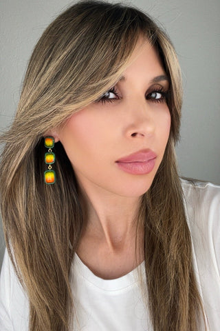 Square Multicolor Gemstone Crystal Sterling Silver Triple Drop Earrings - Born To Glam