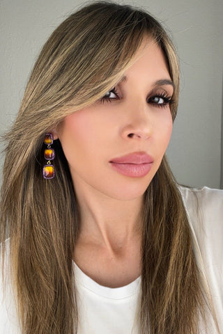 Square Multicolor Gemstone Crystal Sterling Silver Triple Drop Earrings - Born To Glam