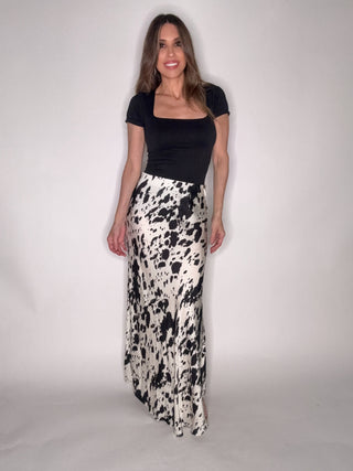 Cow Print Elastic Waist Midi Skirt