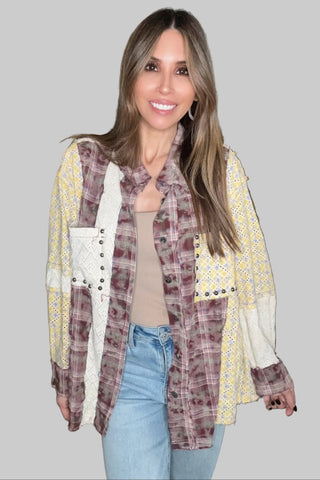 Red Brick Oversized Long Sleeve Lace Contrast Shirt in Plaid