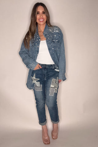 Crystal Embellished Denim Button Down Top