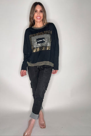 Gold Glitter Trim Long Sleeve Tee