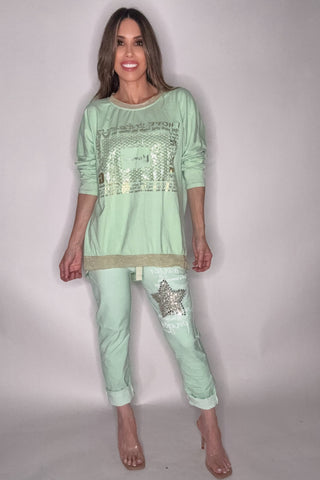 Mint Sequin Star Italian Stretch Trousers
