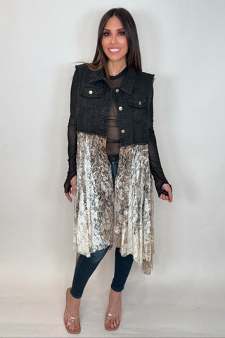 Cropped Black Denim Taupe Vest - Born To Glam