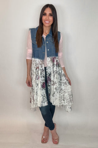 Cropped Denim Flower Vest with Lace Layer - Born To Glam