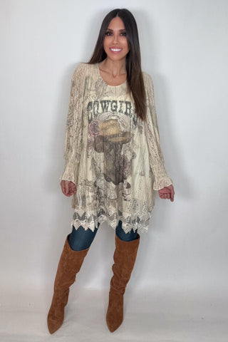 Cowgirl Tunic Top with Embroidery Hem - Born To Glam