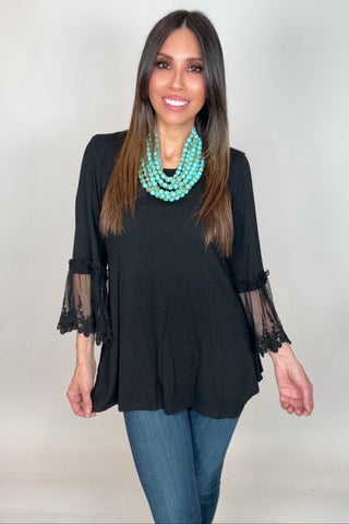 Black Tunic Top with Lace Sleeve - Born To Glam