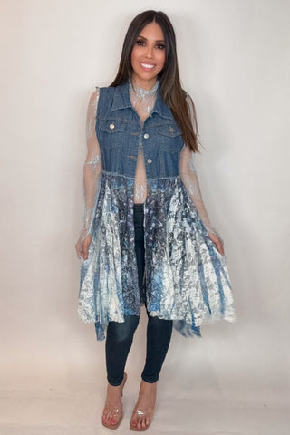 Cropped Denim Navy Vest with Lace Layer - Born To Glam