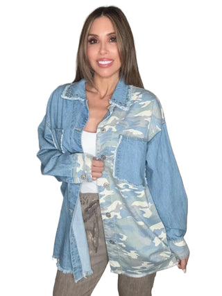 Denim Camo Studded Shacket - Born To Glam