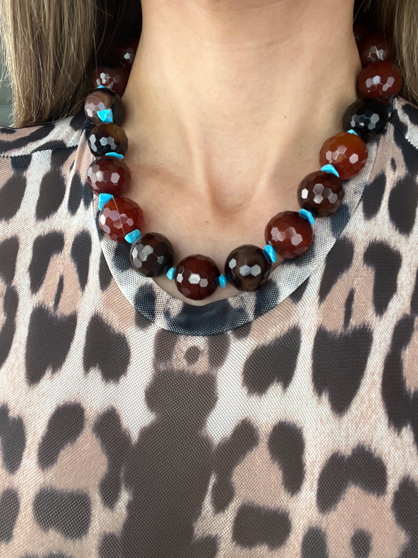 Brown Agate & Turquoise Gemstone Short Necklace