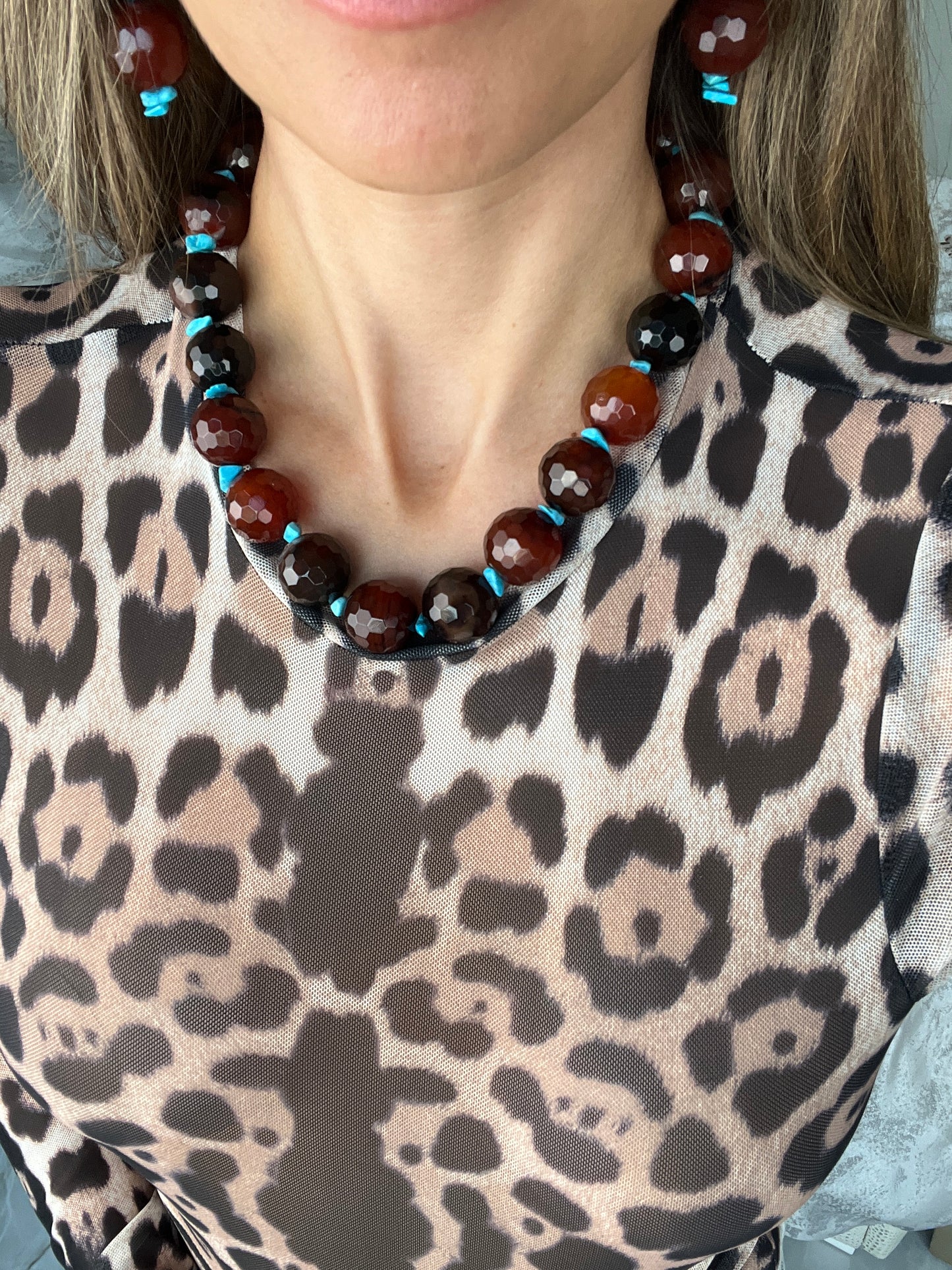 Brown Agate & Turquoise Gemstone Short Necklace - Born To Glam