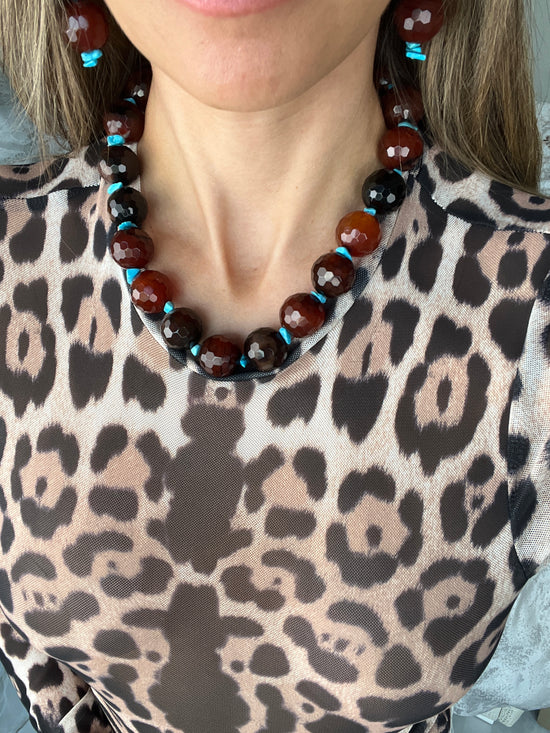 Brown Agate & Turquoise Gemstone Short Necklace - Born To Glam