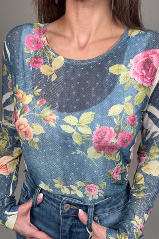 Denim Blue Floral Mesh Top - Born To Glam