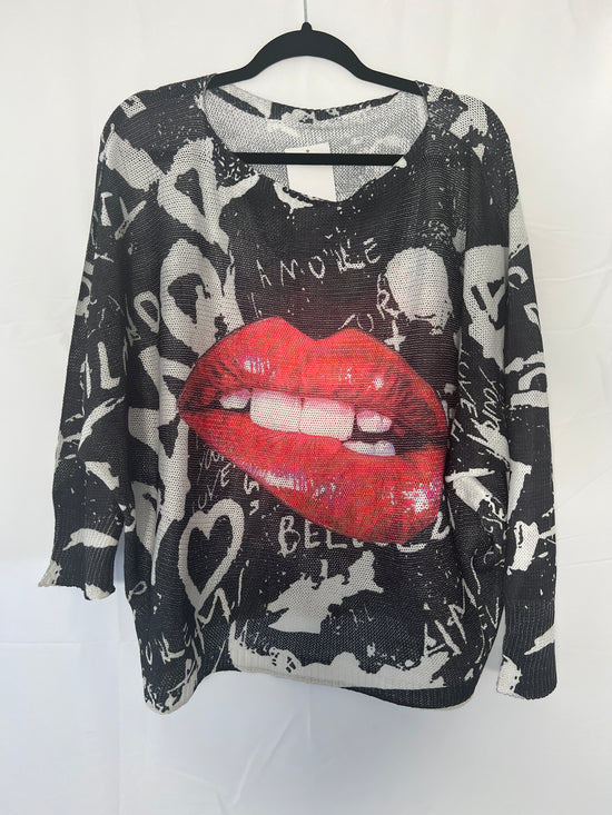 Black & White Lips Oversize Sweater Top - Born To Glam