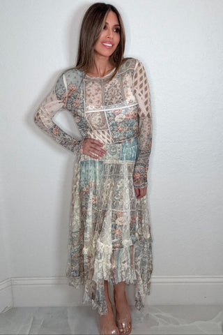 Blue Floral Patch Lace Crystal Skirt