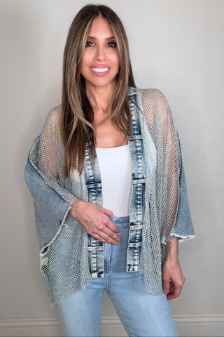 Denim Crystal Mesh Open Jacket