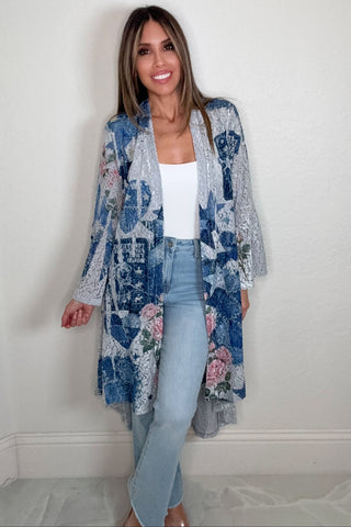 Blue Rodeo Printed High-Low Lace Cardigan