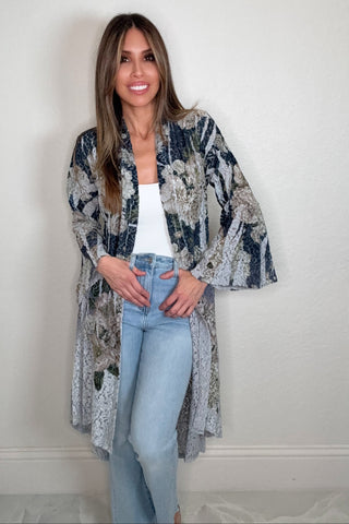 Navy Floral High-Low Lace Cardigan