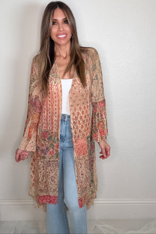 Pink Floral Patch High-Low Lace Cardigan