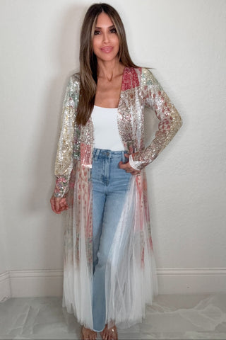 Pink Floral Patch Sequin Duster